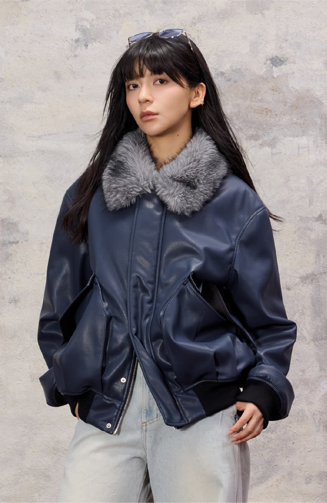 ALVNG AR ANTS Faux Fur Collar PU Jacket-Jacket-S-Free Shipping Leatheretro