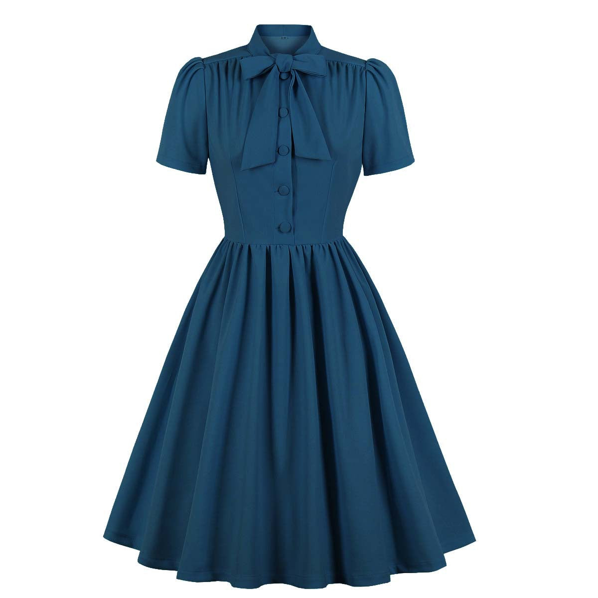 Classy Vintage A Line Women Dresses with Neck Bow-Dresses-Blue-S-Free Shipping Leatheretro