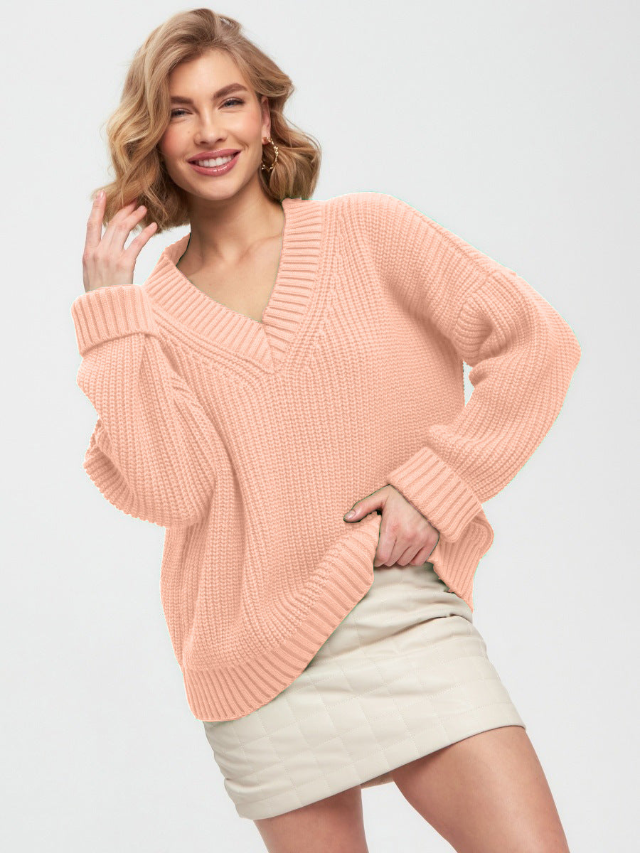 Casual V Neck Loose Knitted Sweaters-Sweaters-Light Pink-S-Free Shipping Leatheretro