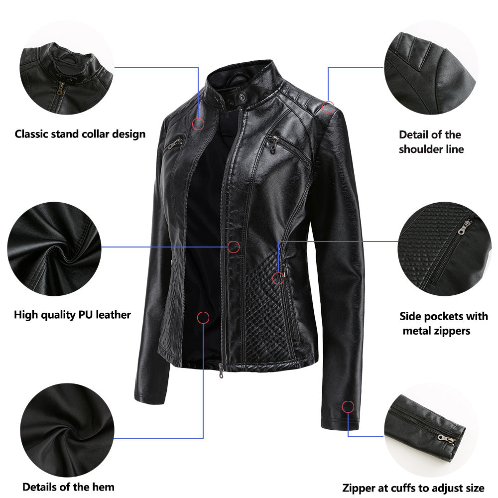 Women Casual Faux Leather Stand Collar Jacket-black-EU(XS)-Free Shipping Leatheretro