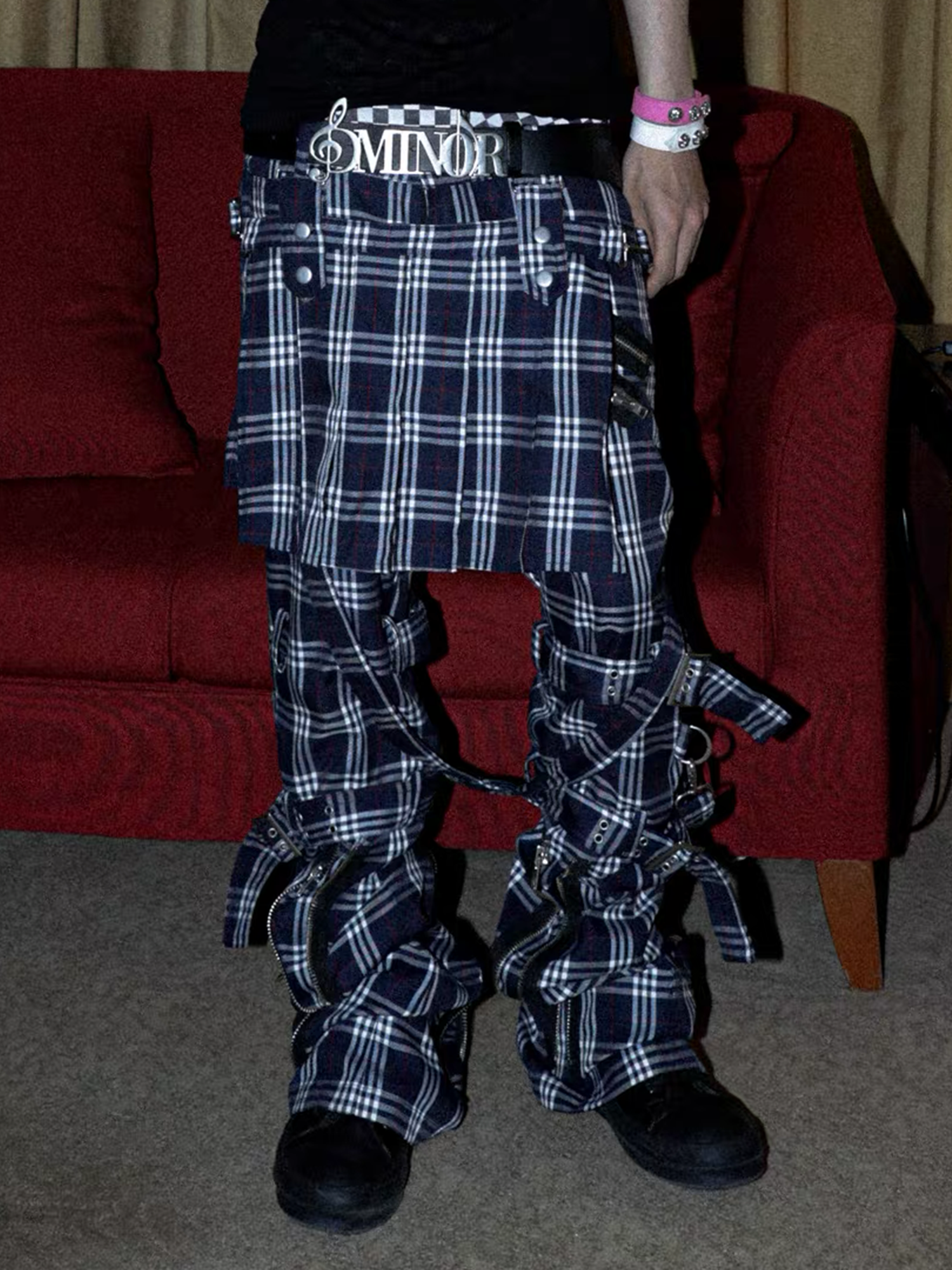 PCCVISION Detachable Skirt Panel Strap-Zip Plaid Flared Pants-Pants-S (Preorder)-Free Shipping Leatheretro