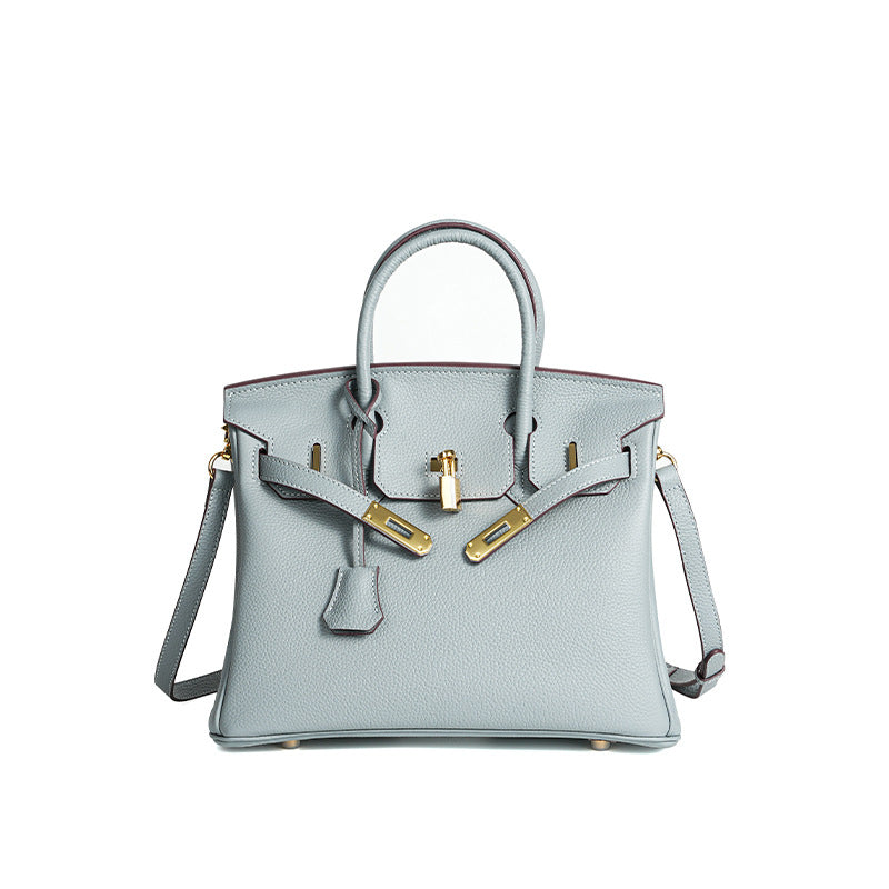 Luxury Genuine Top Grain Pebbled Leather Women's Handbag with Lock Closure-Handbags-elephant gray-35CM-Free Shipping Leatheretro