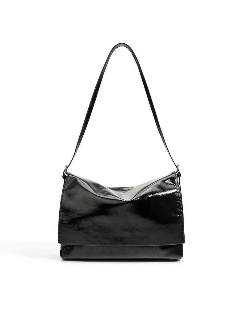 Retro Small Square Bag – Waxed Leather Shoulder Tote, Shiny Crossbody Bag-crossbody bags-black-Free Shipping Leatheretro