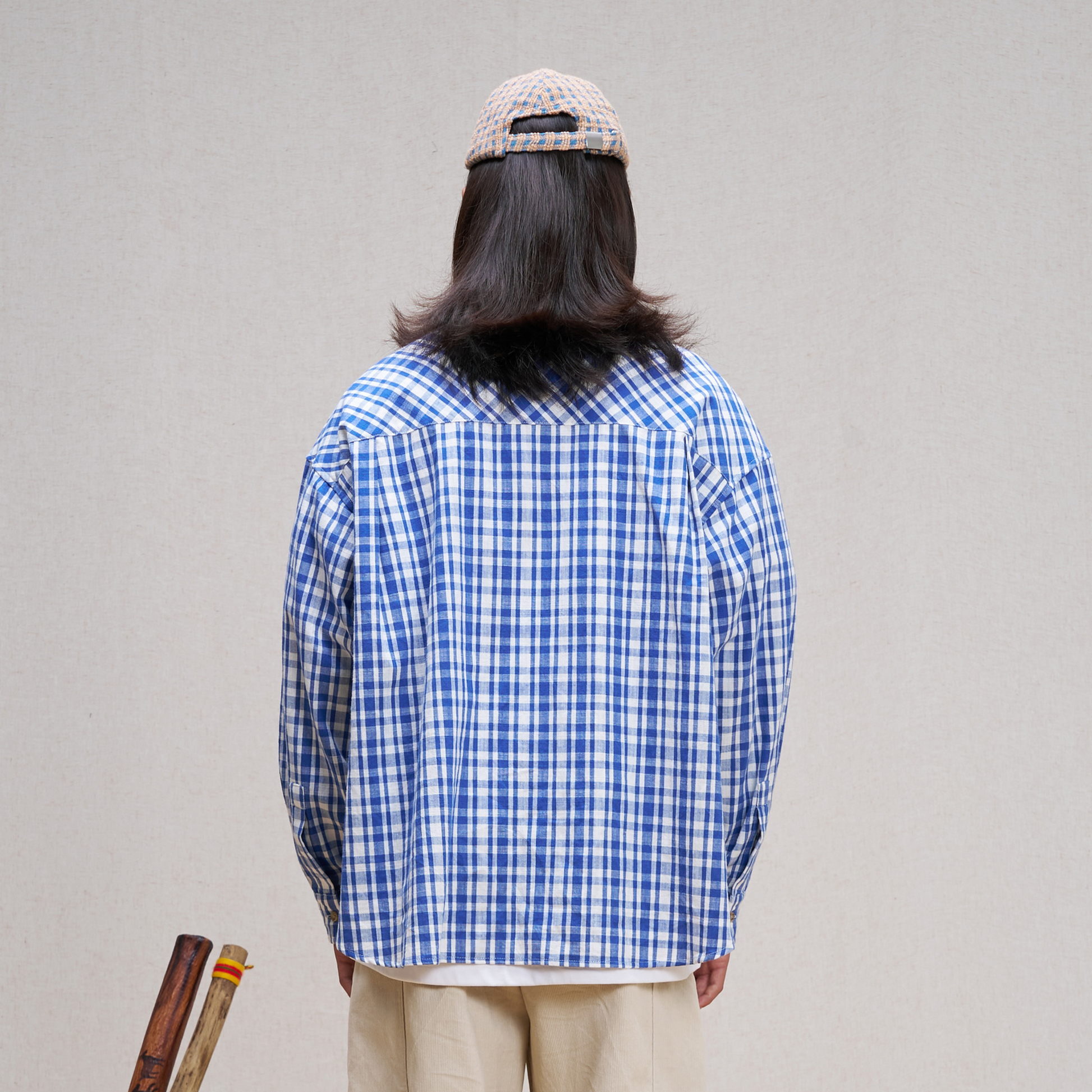 UNLIMITED MOTE Plaid Linen-Blend Half-Open Collar Shirt Blue-Shirt-XS-Free Shipping Leatheretro