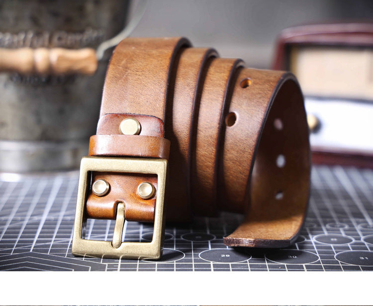 Vintage Men's Genuine Leather Belt Handmade Needle Buckle with Pure Copper Buckle Belt-Leather Belt-Dark Coffee-105cm-Free Shipping Leatheretro
