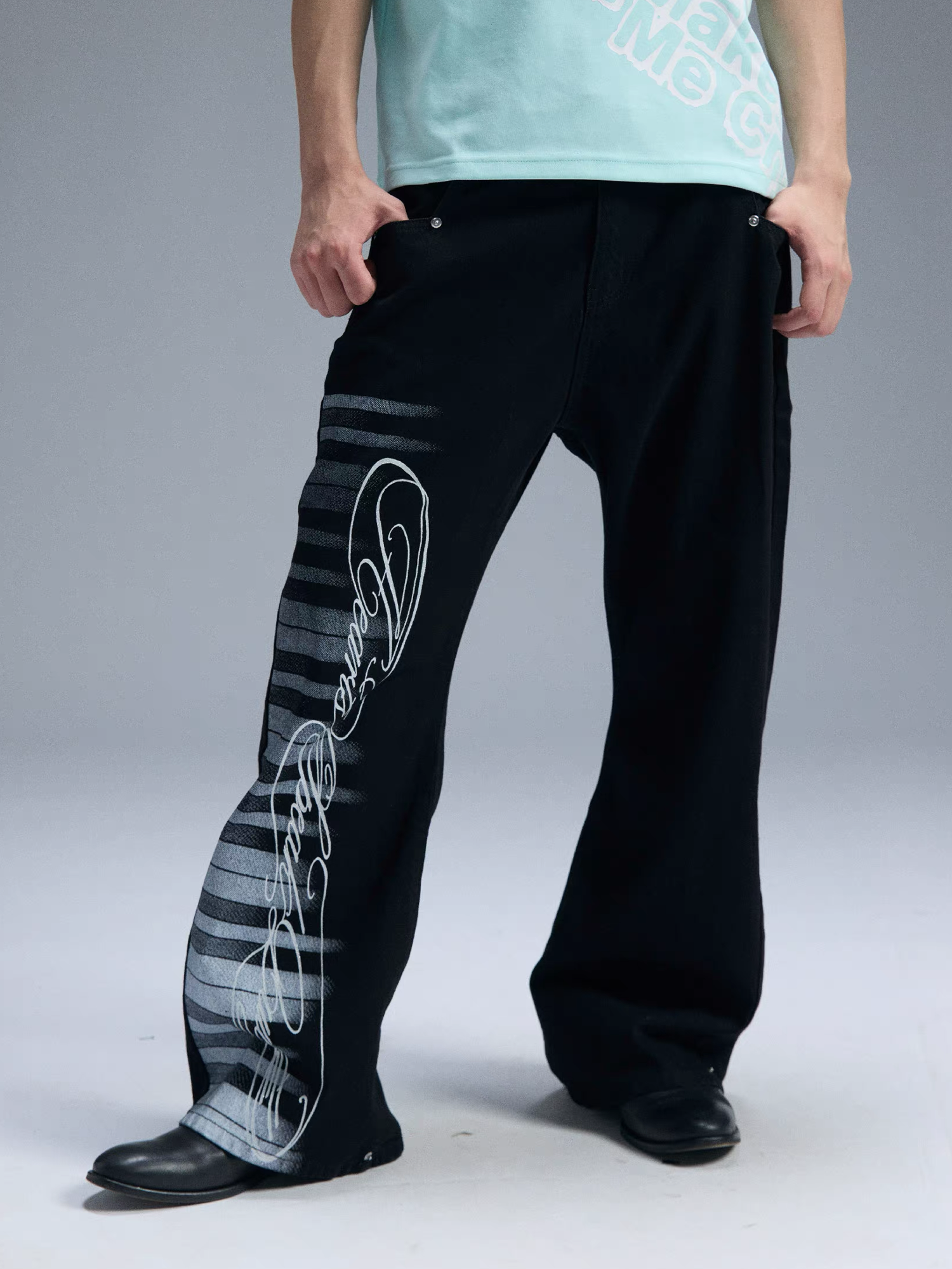 PAIKI Piano Key Script Foil Flared Jeans-Jeans-S / 31"-Black (Preorder)-Free Shipping Leatheretro