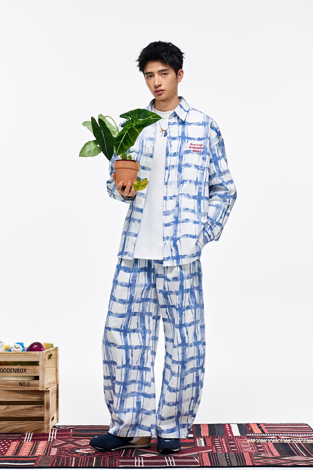 OVERLAPS Brush-Paint Grid Wide-Leg Pants-Pants-XS-Free Shipping Leatheretro