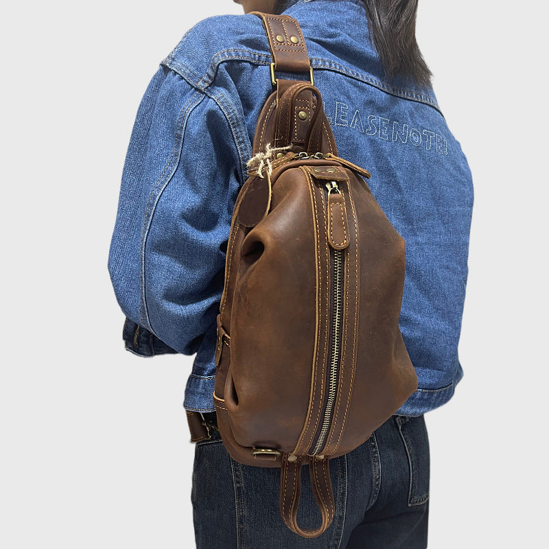 Vintage Crazy Horse Leather Men's Chest Bag-Handbags-Black-12 inches-Free Shipping Leatheretro