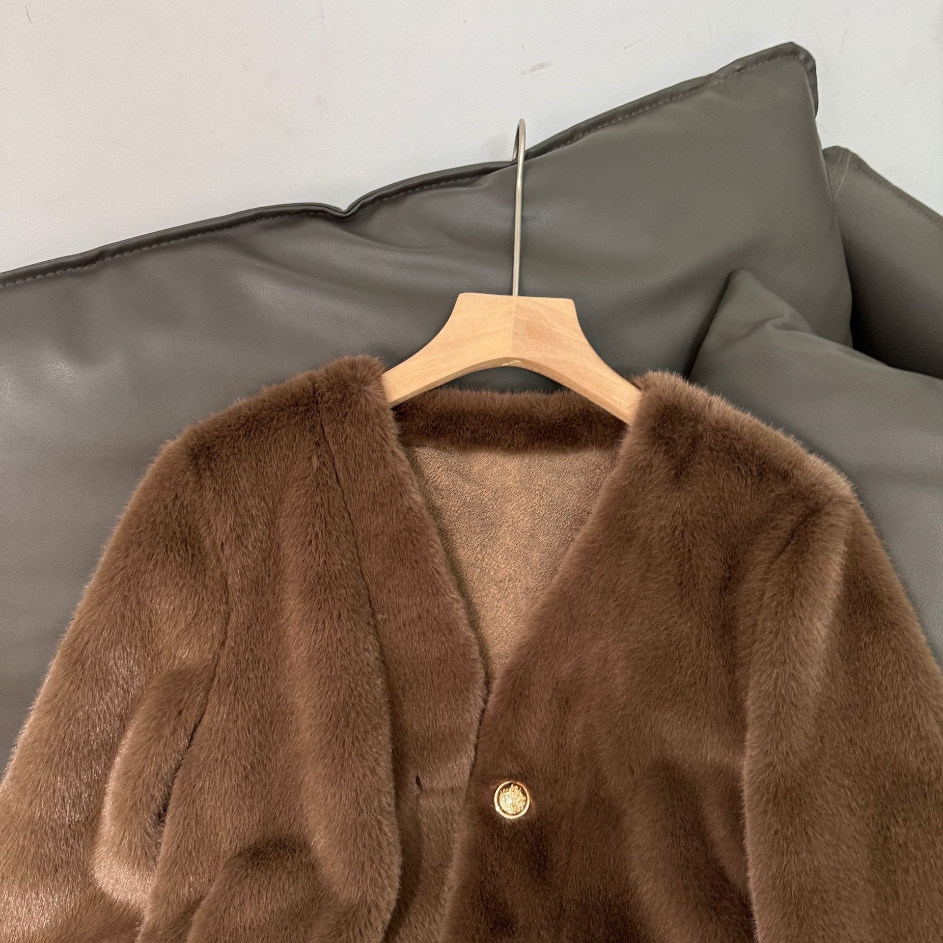 Fashion V Neck Faux Fur Short Coats-Coats & Jackets-Apricot-One Size-Free Shipping Leatheretro