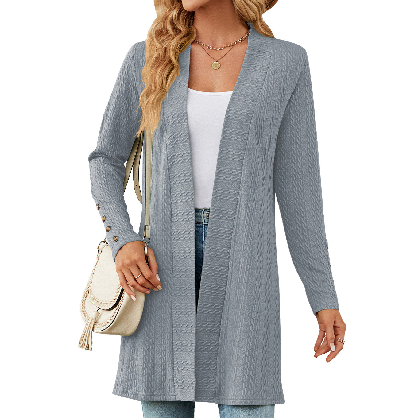 Casual Women Long Sleeves Knitted Cardigans-Sweater&Hoodies-Gray Blue-S-Free Shipping Leatheretro