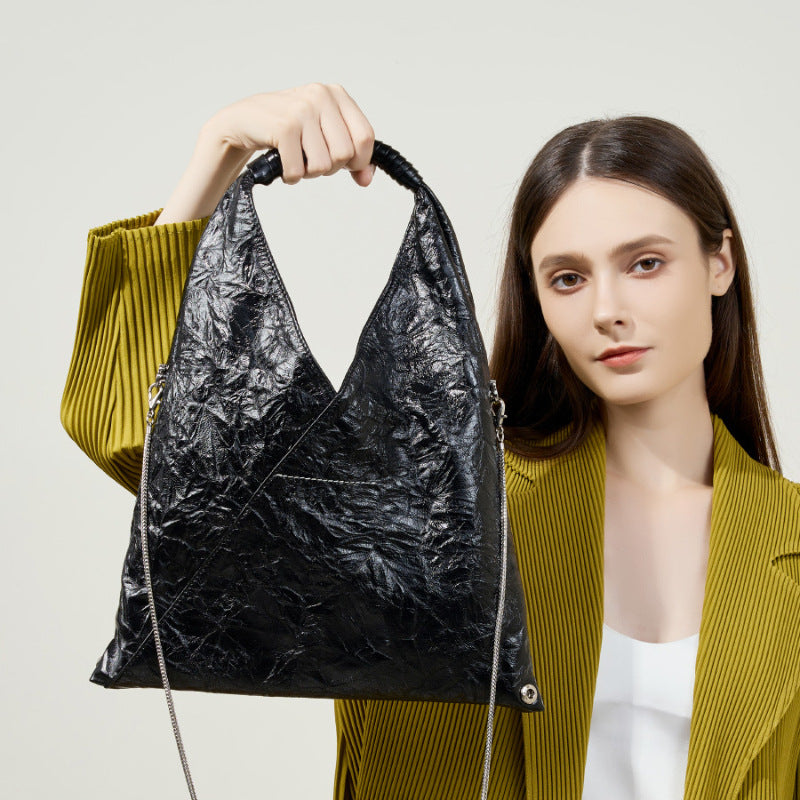 Relaxed Style Genuine Leather Tri-Fold Tote Bag for Women-Black-43*33*2-Free Shipping Leatheretro