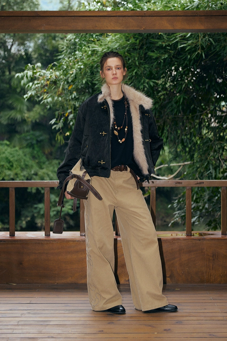 KREATE Harrington-Style PU Leather Jacket with Long Fur Collar-Ivory-S-Free Shipping Leatheretro