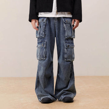 KREATE Multi-Pocket Pleated Denim Cargo Pants-Jeans-S-Free Shipping Leatheretro