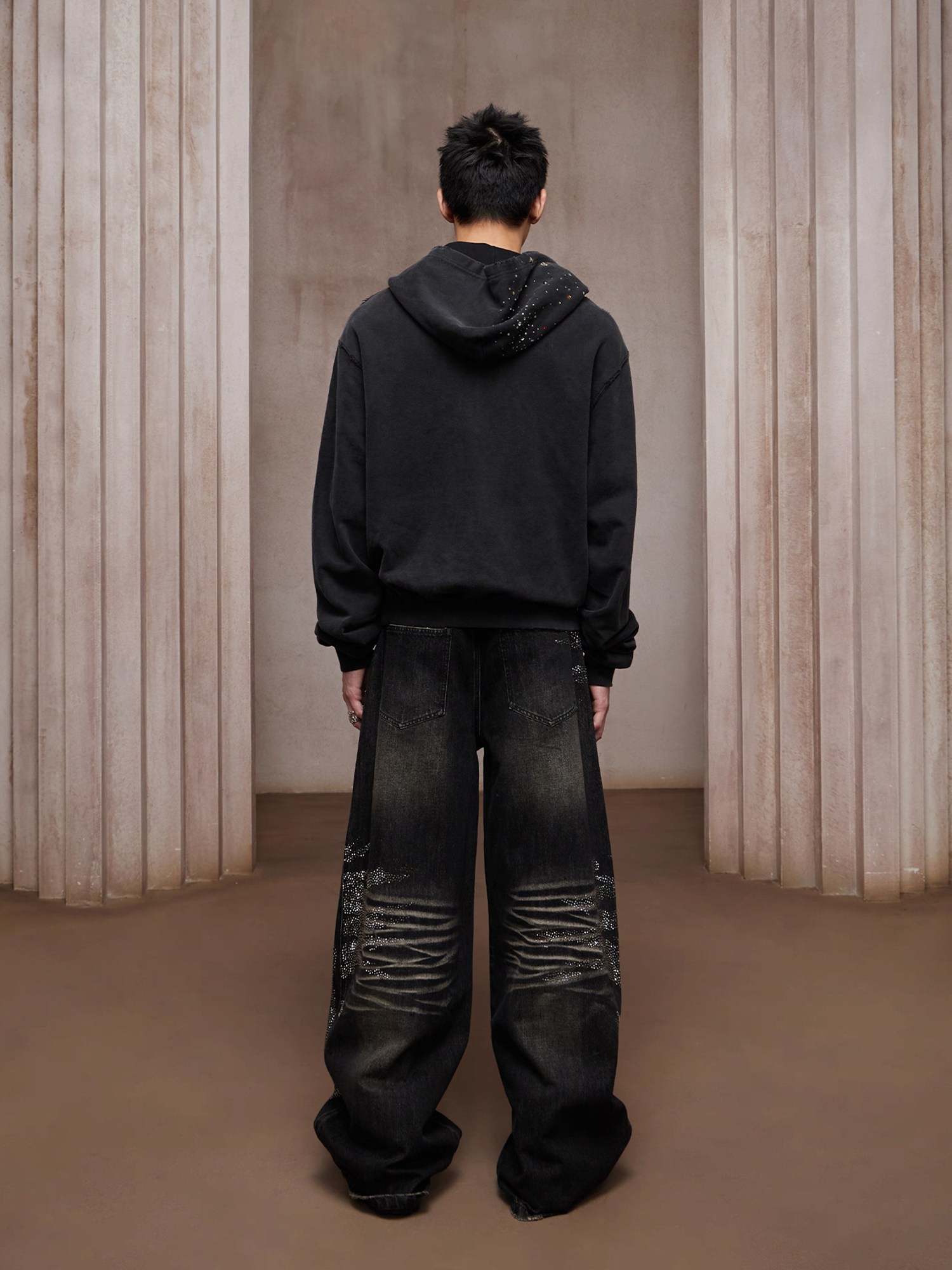 DND4DES Dirty-Washed Diamond Wide-Leg Jeans Black-Jeans-XS-Free Shipping Leatheretro