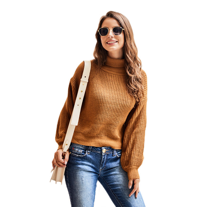 Casual High Neck Knitted Long Sleeves Sweaters-Sweater&Hoodies-Brown-S-Free Shipping Leatheretro