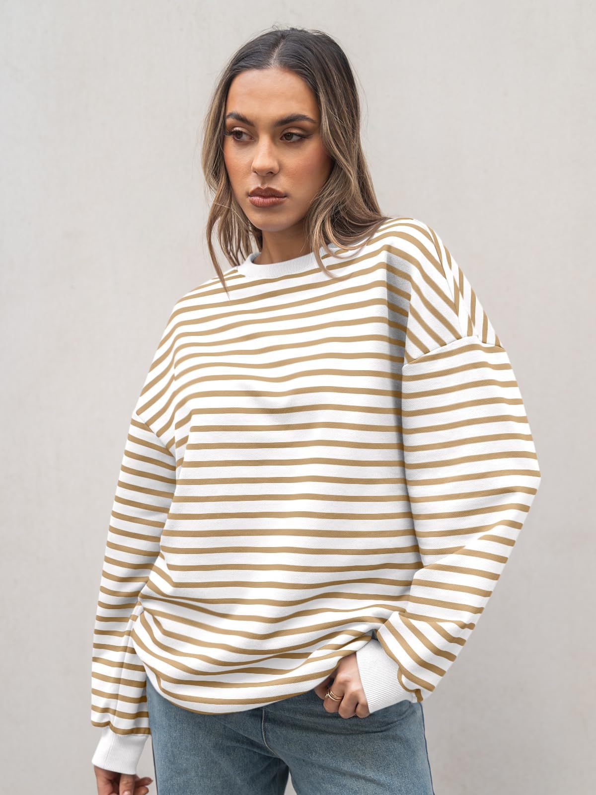 Casual Striped Long Sleeves Sports Hoodies-Sweater&Hoodies-Khaki-S-Free Shipping Leatheretro