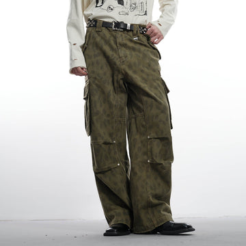 FACEONLAB Camo Leopard Pleated Straight-Leg Cargo Pants-Pants-M-Free Shipping Leatheretro