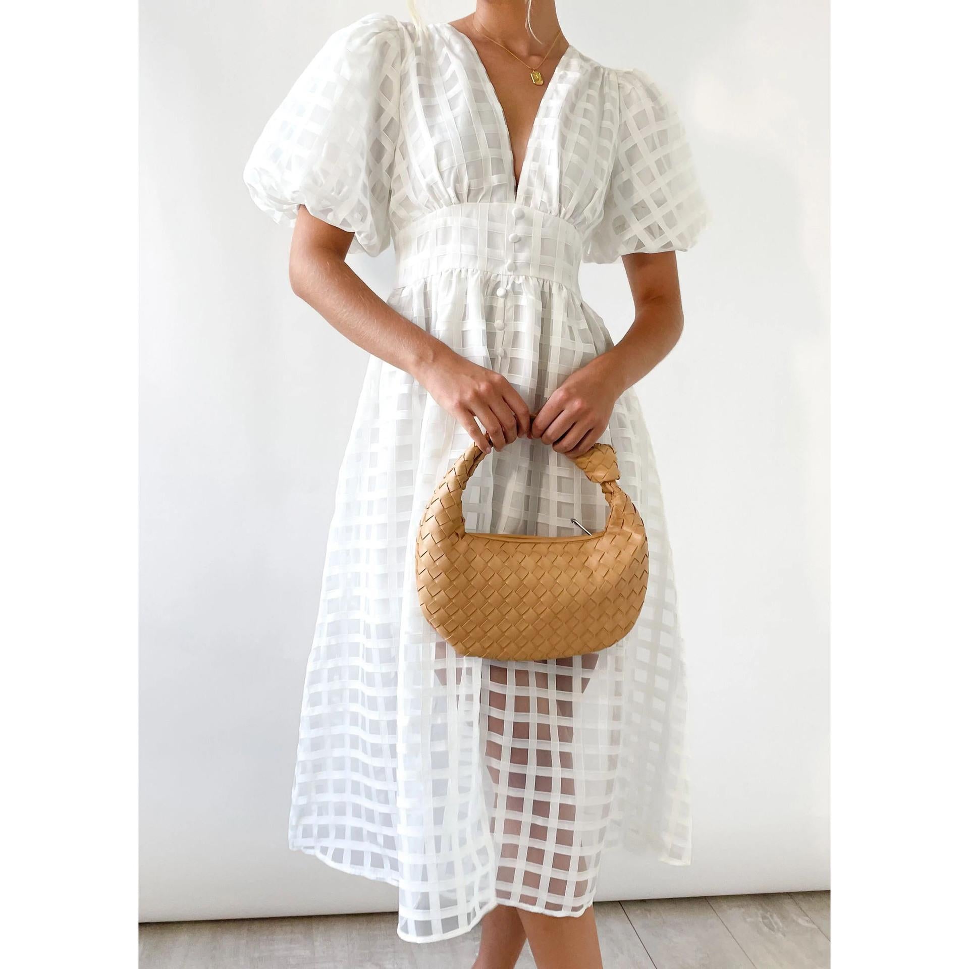 Classic Summer Hollow Design Lantern Sleeves Multi-color Women Dresses-Dresses-884 white-S-Free Shipping Leatheretro