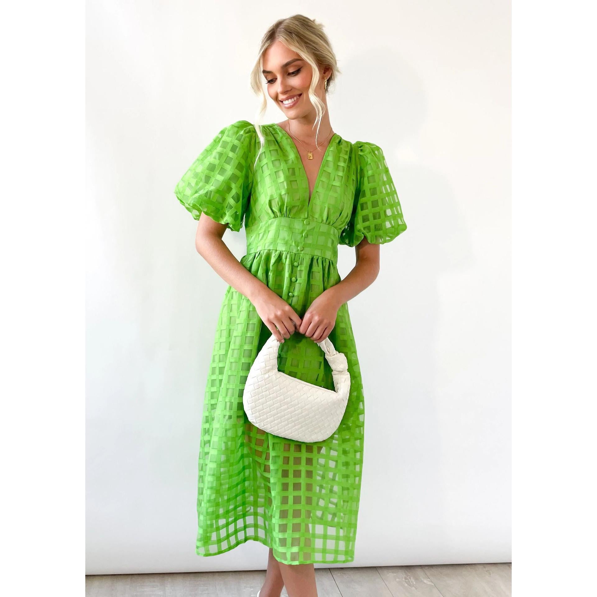 Classic Summer Hollow Design Lantern Sleeves Multi-color Women Dresses-Dresses-884 green-S-Free Shipping Leatheretro