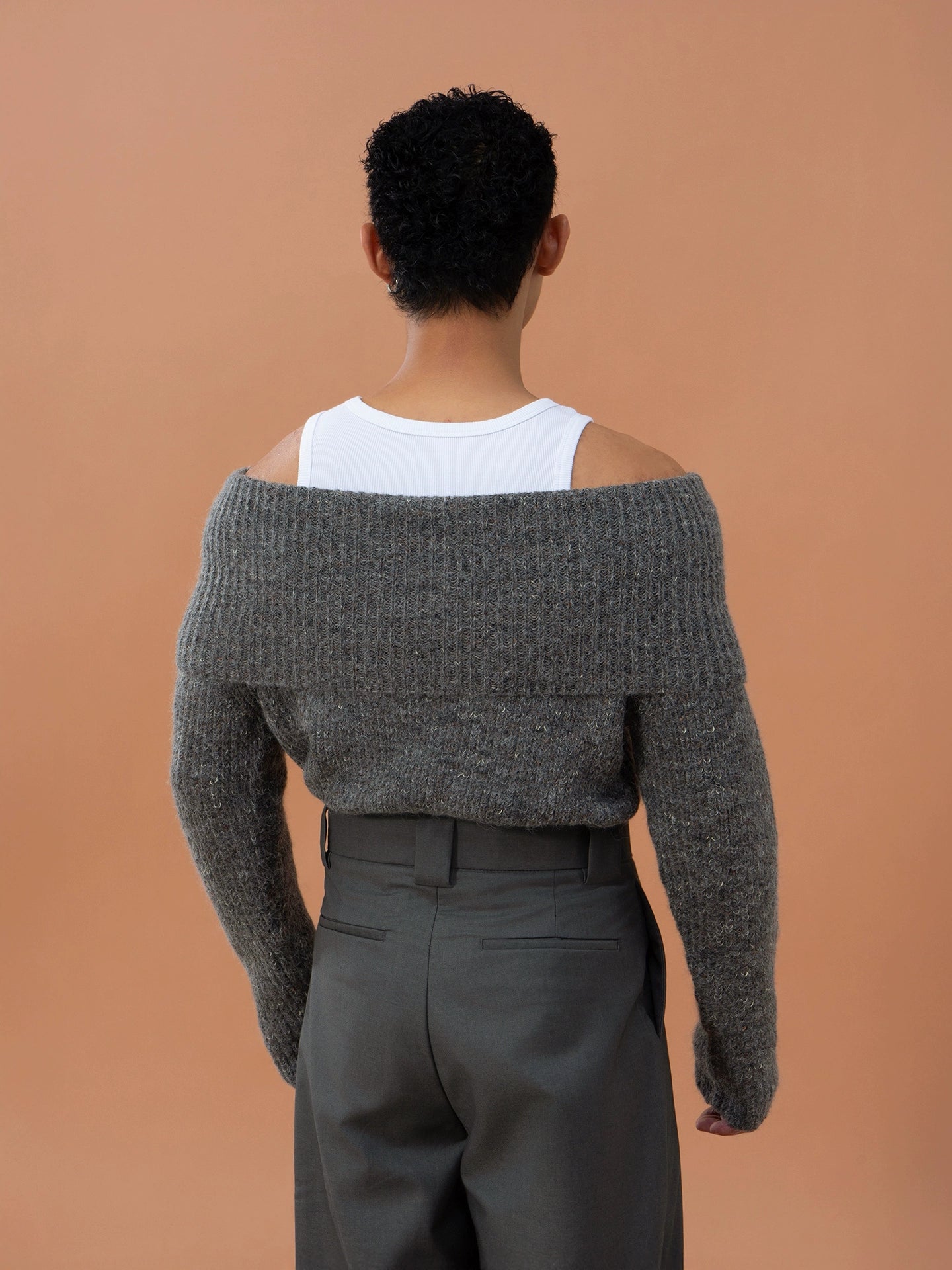 CLP Grey Off-Shoulder Wool Sweater | Relaxed Fit Ribbed Knit-Sweater-Gray-S-Free Shipping Leatheretro