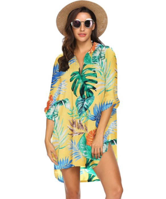Summer Beach Chiffon Bikini Shirts-Swimwear-Yellow Floral-S-Free Shipping Leatheretro