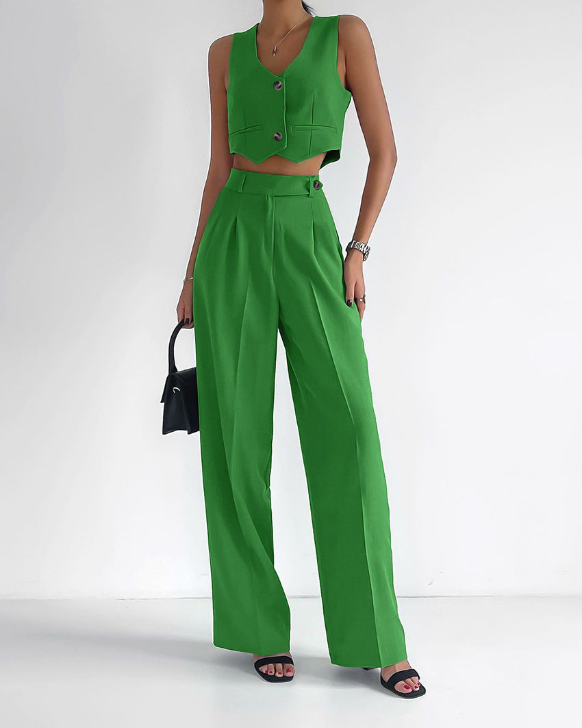 Fashion Linen Sleeveless Vest and Wide Legs Pants Suits-Suits-Green-S-Free Shipping Leatheretro