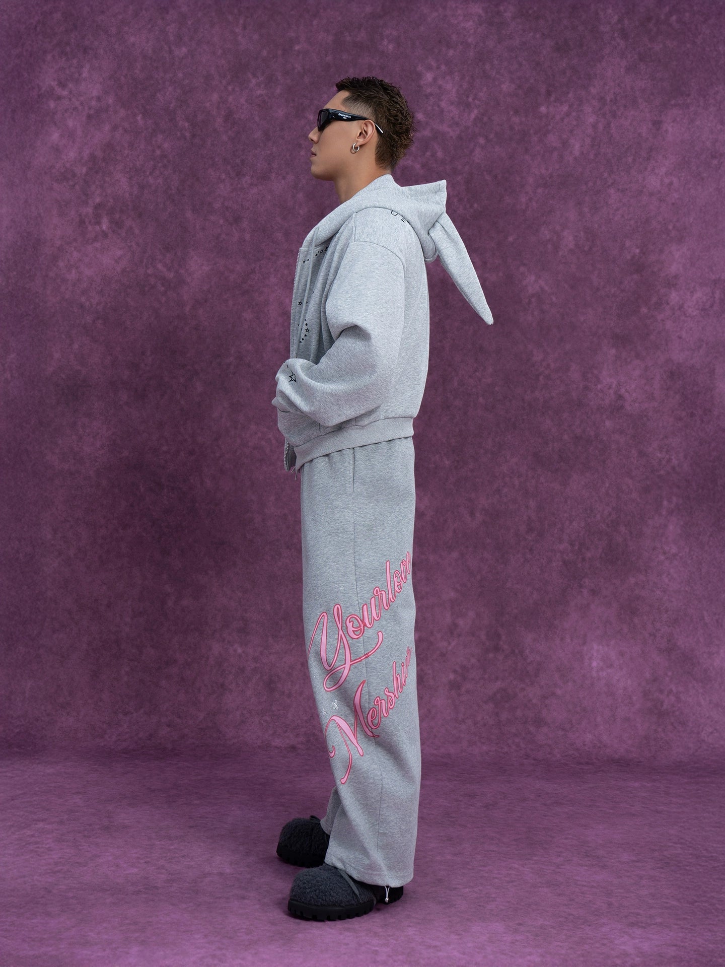 CLP Men's Gray Cartoon Rabbit Print Hooded Sweatshirt Jacket-Gray-S-Free Shipping Leatheretro