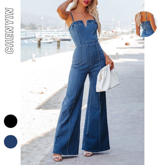 Designed Denim Cotton Summer Jumpsuits-suits-Blue-S-Free Shipping Leatheretro