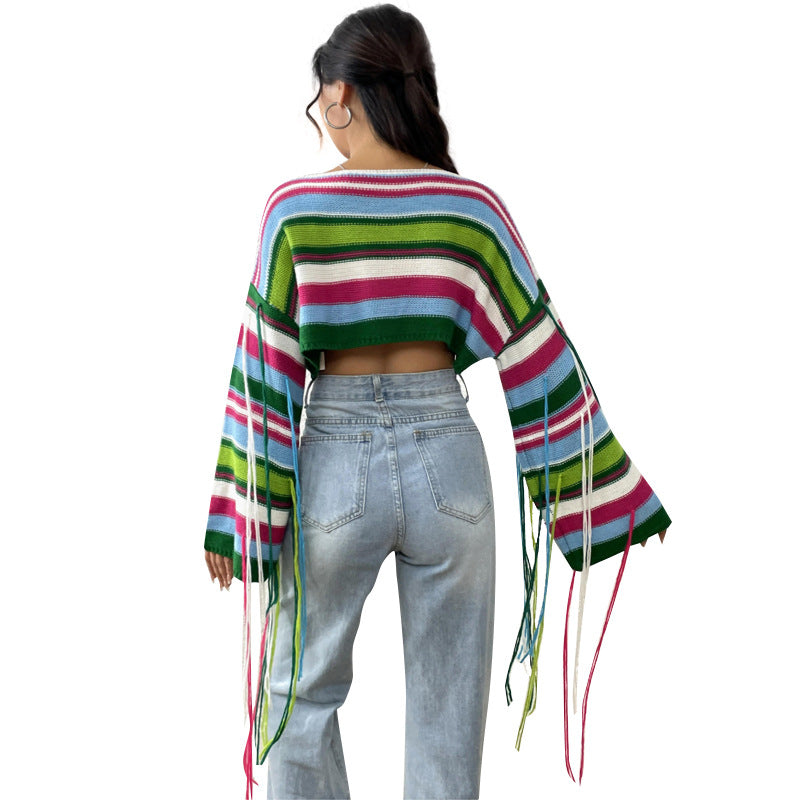 Sexy Rainbow Striped Tassels Short Knitted Blouses-Shirts & Tops-A-S-Free Shipping Leatheretro