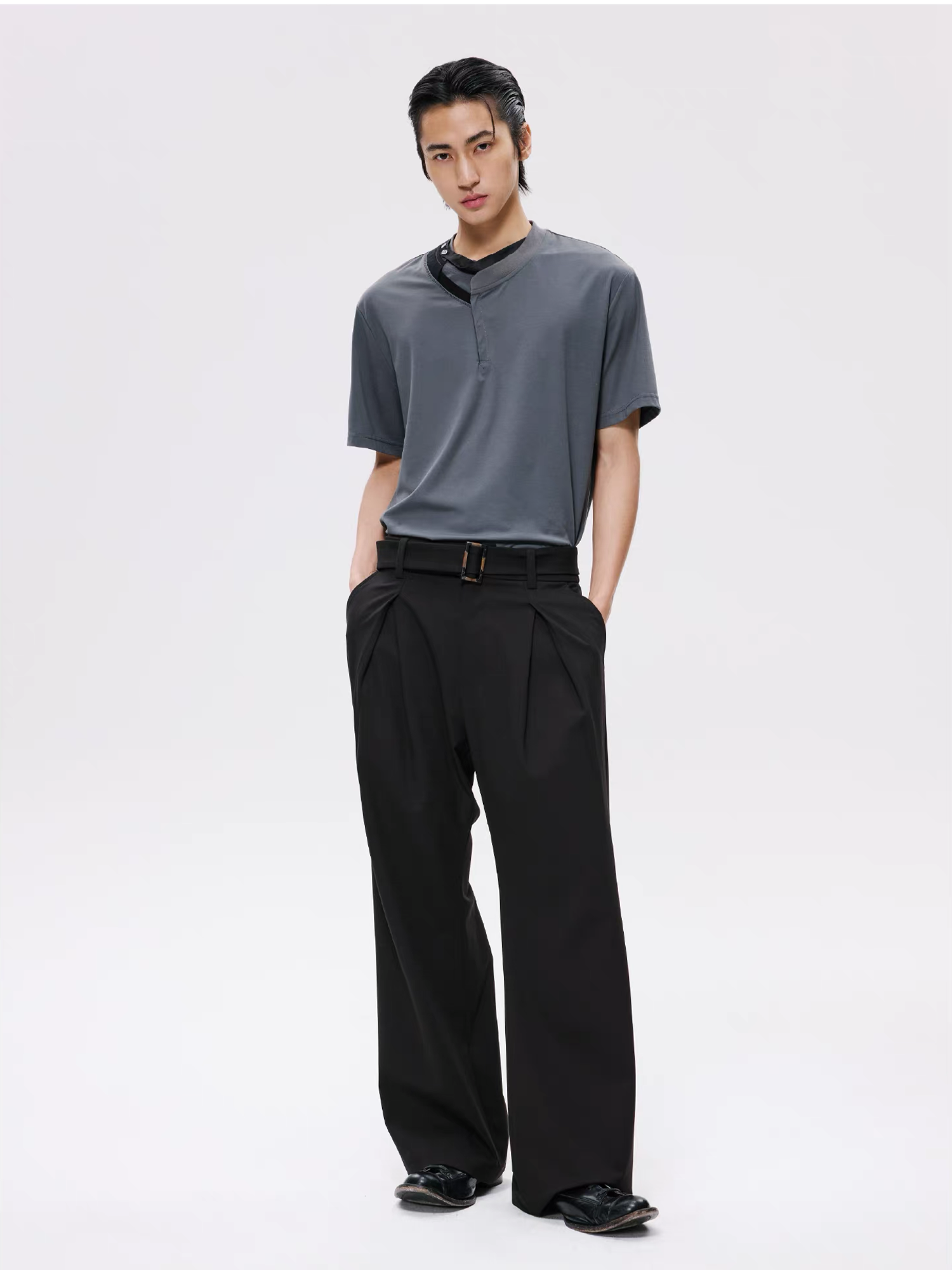 ALVNG AR ANTS Horn Buckle Belted Pleated Trousers-Pants-XS / 28-32"-Gray-Free Shipping Leatheretro