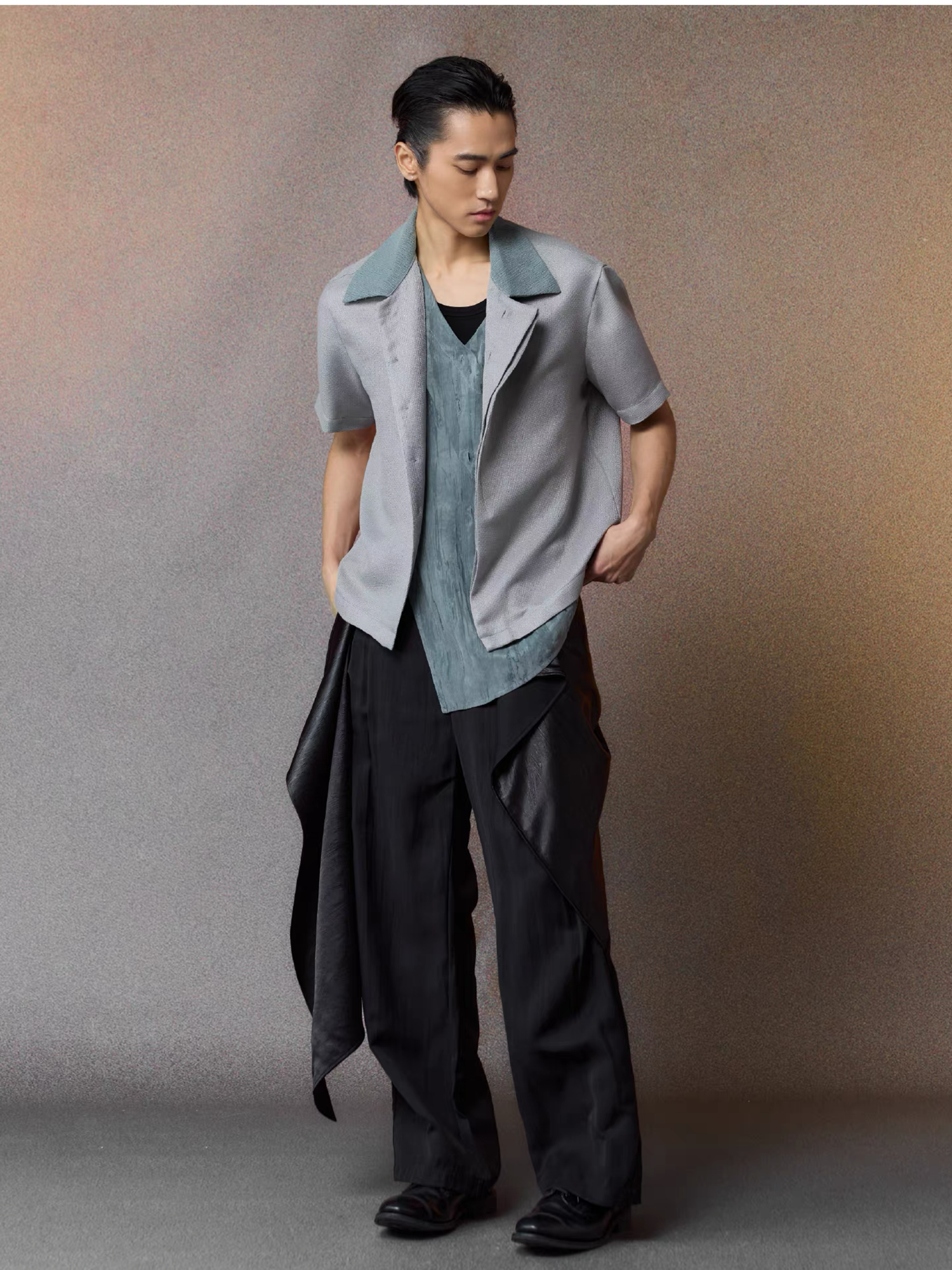 ALVNG AR ANTS Asymmetrical Contrast Spliced Linen Half Shirt-Half shirt-S-Blue-Free Shipping Leatheretro