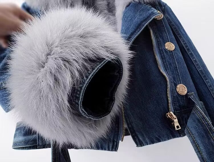 Winter Detachable Fox Fur Denim Jacket Coats for Women-Coats & Jackets-Blue-S-Free Shipping Leatheretro