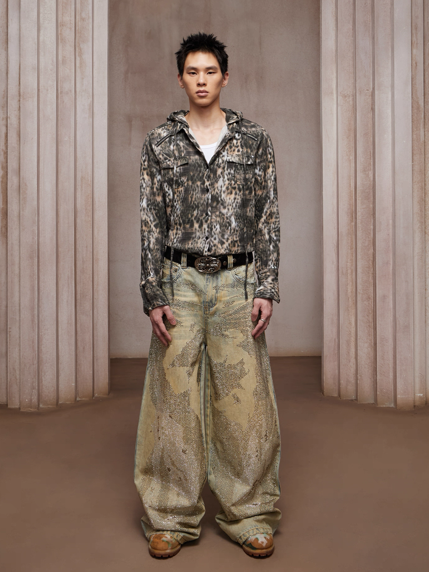 DND4DES Dirty-Washed Diamond Wide-Leg Jeans Yellow-Jeans-XS-Free Shipping Leatheretro