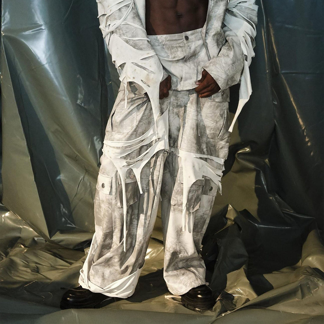 RECOVER ZONE Distressed Slashed PU Layered Cargo Pants-Pants-S-Free Shipping Leatheretro