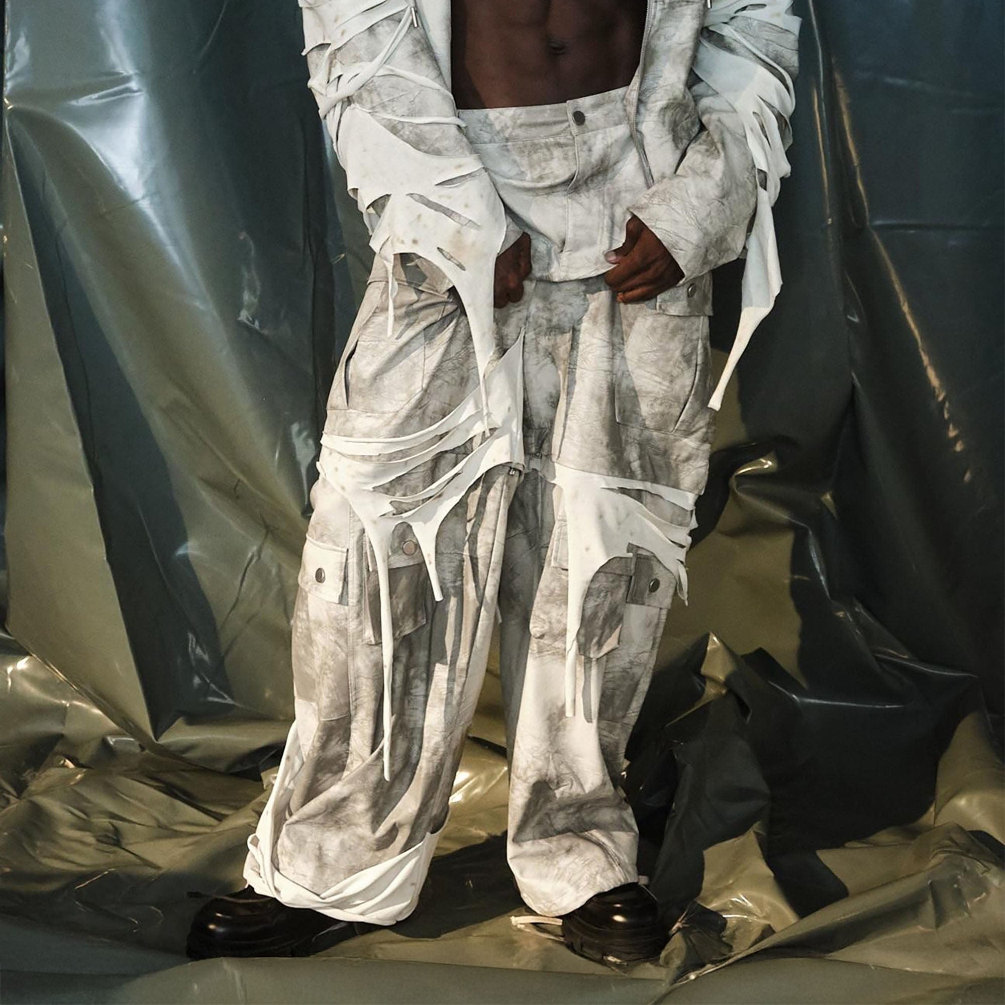 RECOVER ZONE Distressed Slashed PU Layered Cargo Pants-Pants-S-Free Shipping Leatheretro
