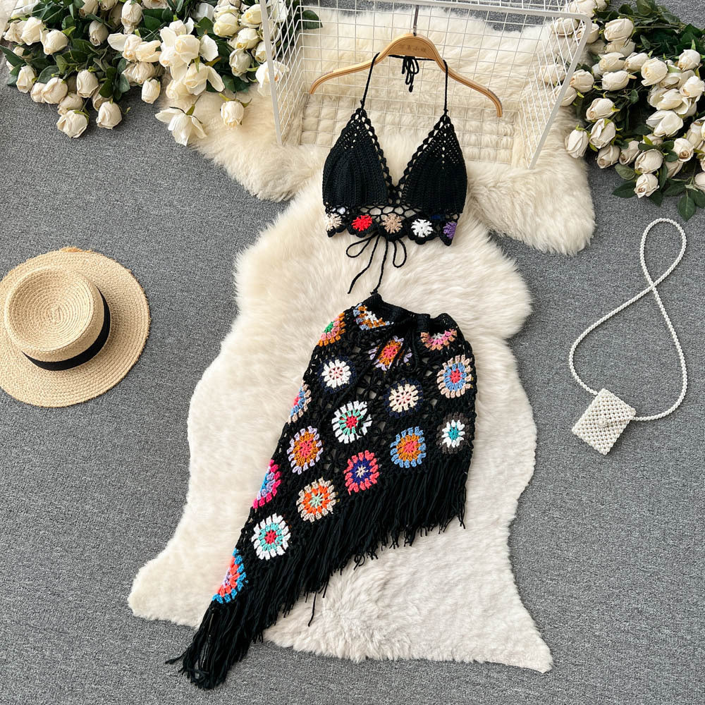 Summer Bohemian Crochet Knitted Strapless Tops & Skirts Women Sets-Dresses-Black-One Size-Free Shipping Leatheretro