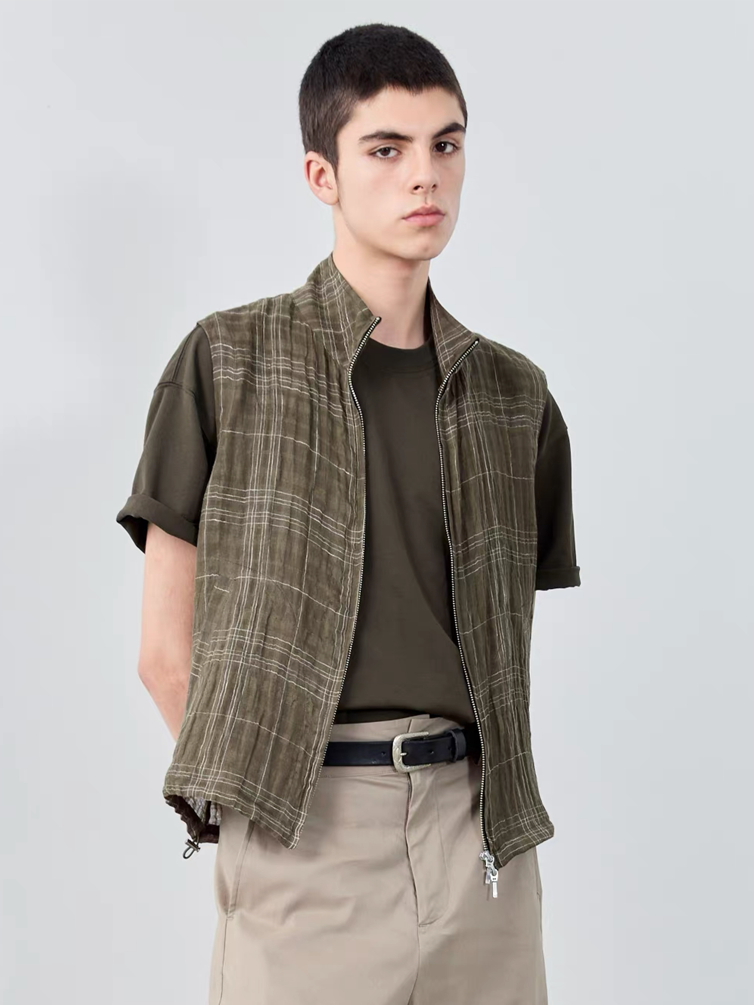 GRAINMUSTARD Linen-Cotton Plaid Vest-Vest-XS-Green-Free Shipping Leatheretro