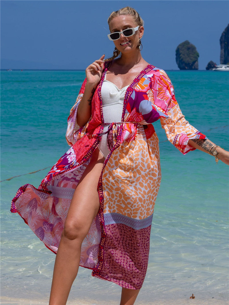 Fashion Floral Print Summer Kimono Beachwear Cover Ups-Leaf Zebra-One Size-Free Shipping Leatheretro