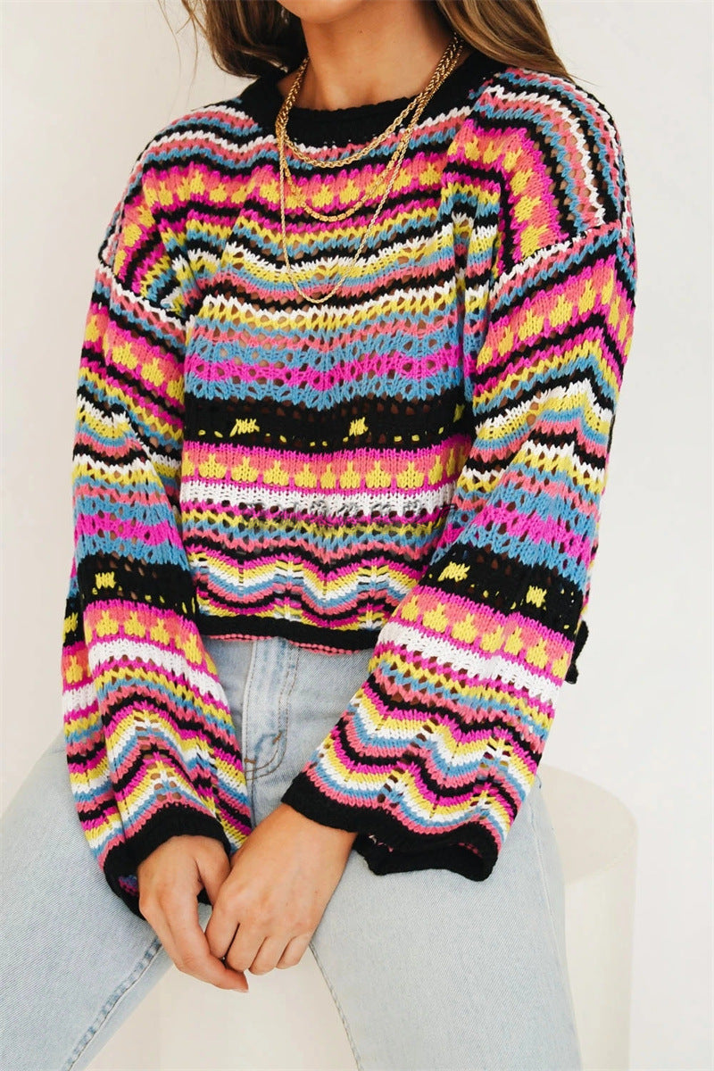 Casual Bohemian Striped Knitted Sweaters-Sweater&Hoodies-Black-S-Free Shipping Leatheretro