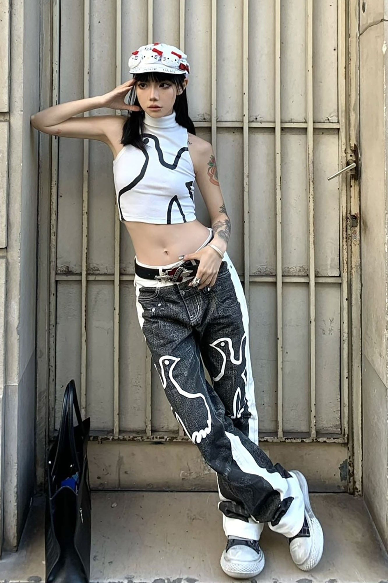 VINKID Faux-Layered Dove Graphic Contrast Panel Jeans-Jeans-S-Free Shipping Leatheretro
