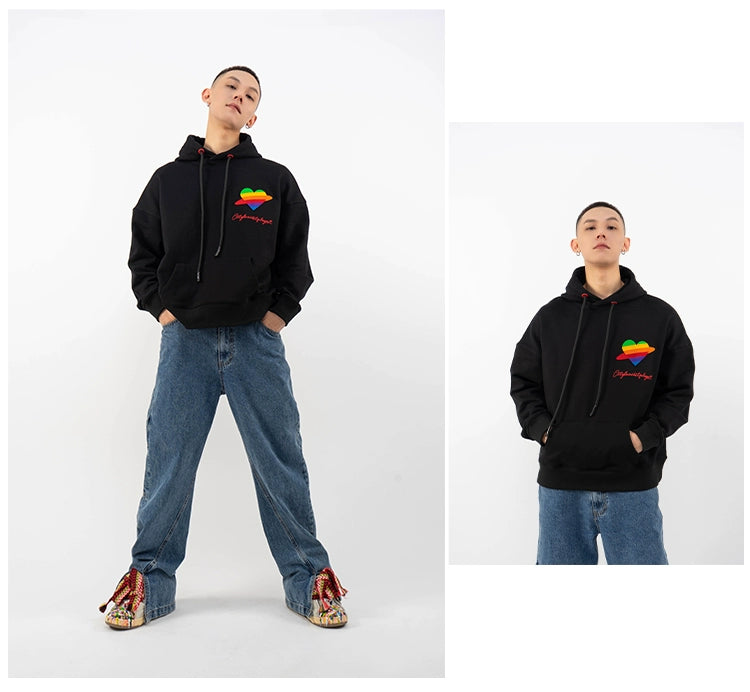 CLP Unisex Rainbow Heart Loose Fit Hoodie-Black-S-Free Shipping Leatheretro