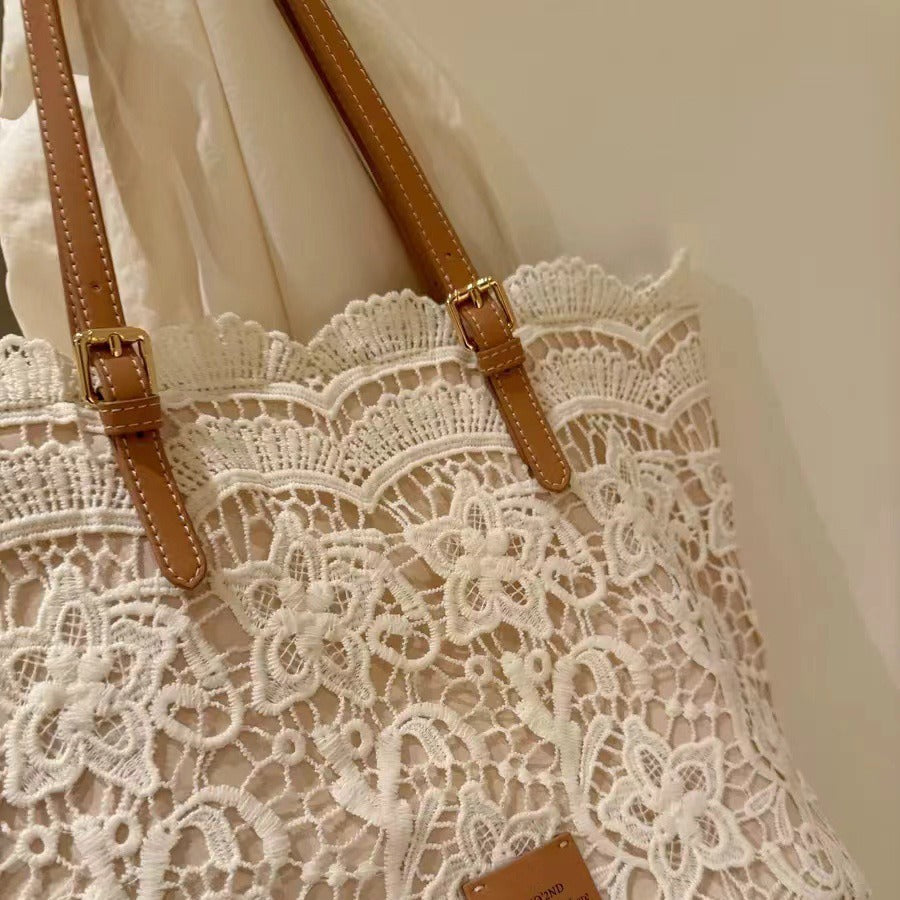 Women's Summer Beach Tote Bag – Large Capacity French Boho Lace Shoulder Bag-米白色-Free Shipping Leatheretro