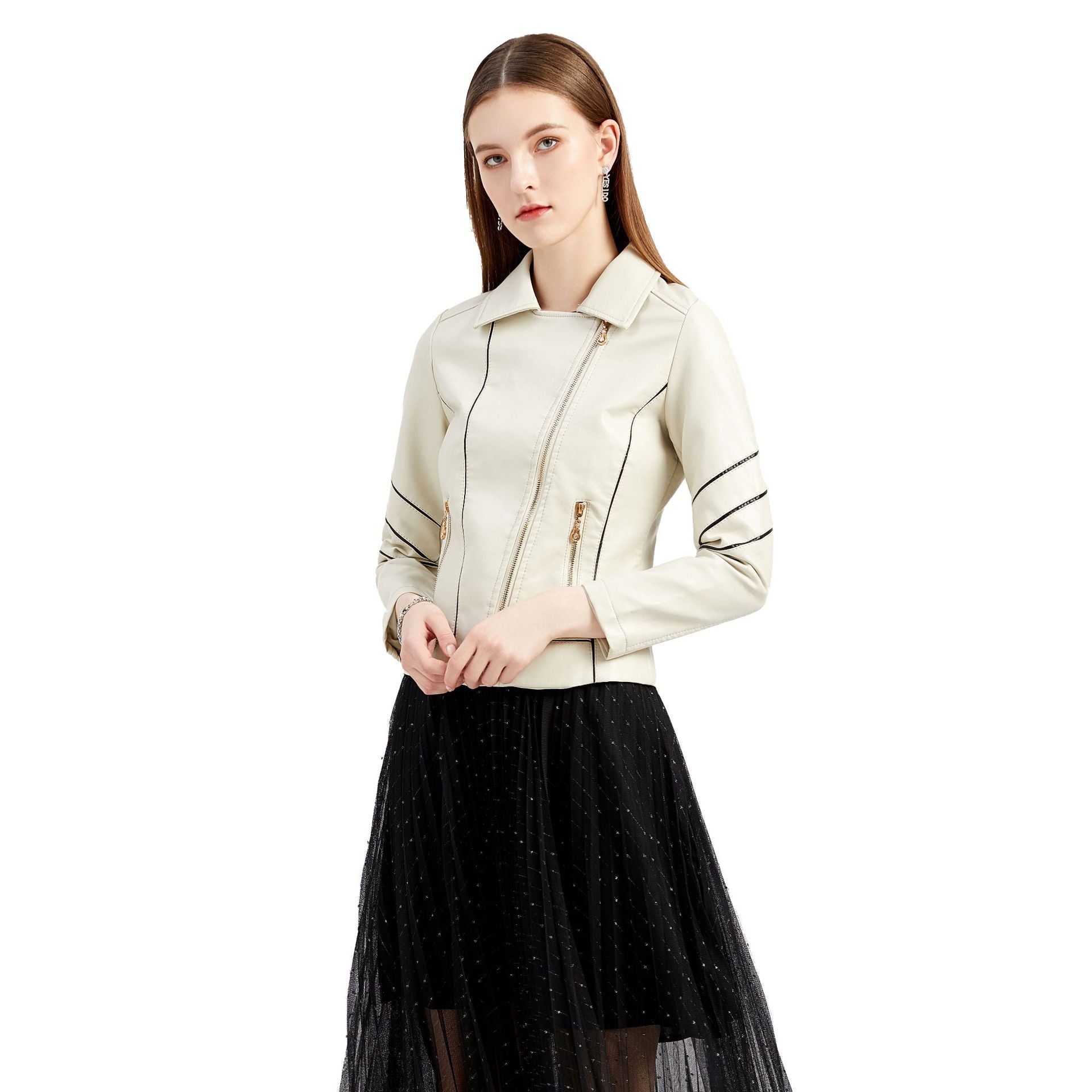 Women's PU Leather Jacket Short Biker Jacket for Spring & Fall-Beige-S-Free Shipping Leatheretro