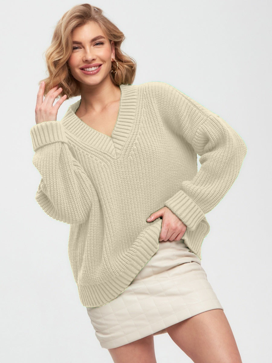 Casual V Neck Loose Knitted Sweaters-Sweaters-Light Apricot-S-Free Shipping Leatheretro