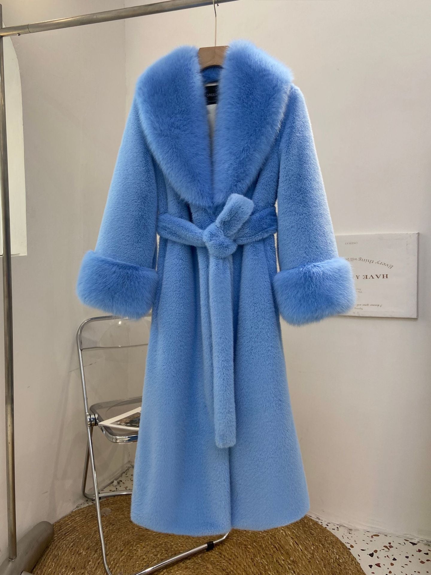 Luxurious Fox Fur Wool Plus Sizes Long Overcoats-Outerwear-Sky Blue-S-Free Shipping Leatheretro