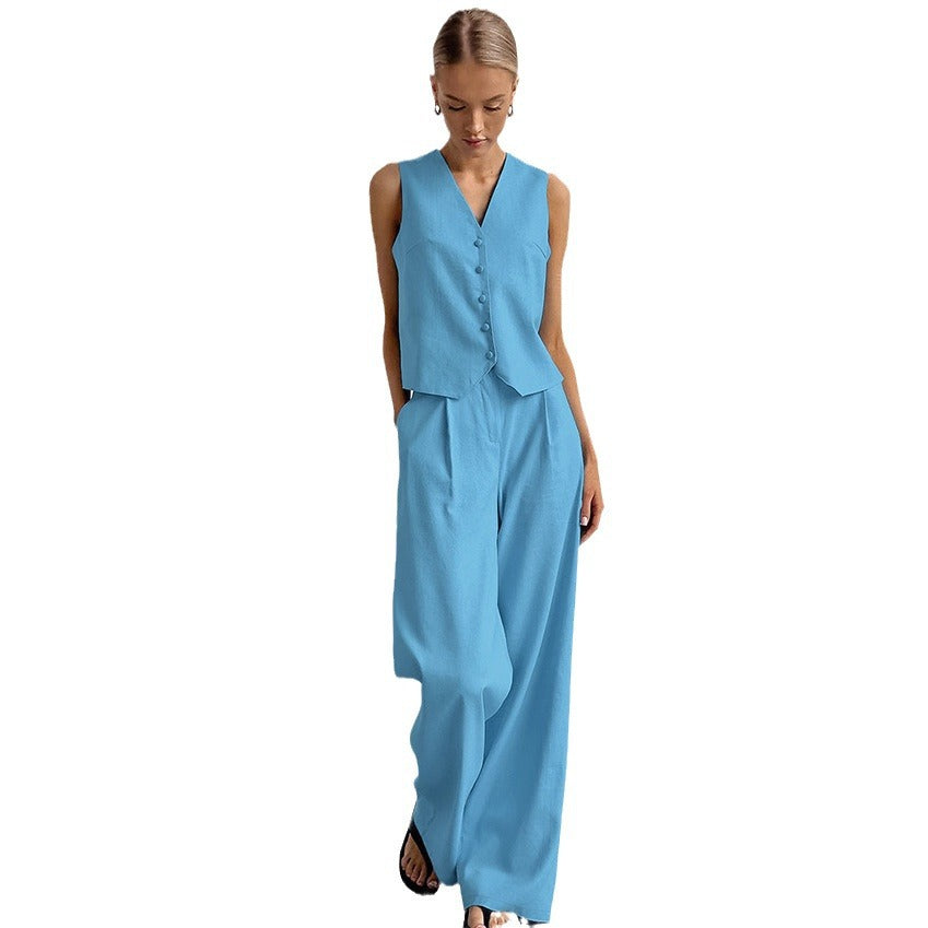 Casual V Neck Sleeveless Tops and Pant Suits-Suits-Blue-S-Free Shipping Leatheretro