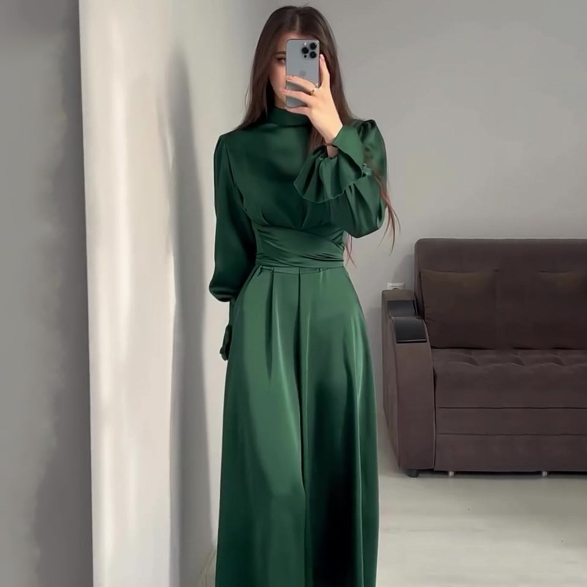 Elegant Long-sleeved Waist-tied Puff-sleeved Women Dresses-Dresses-Green-S-Free Shipping Leatheretro