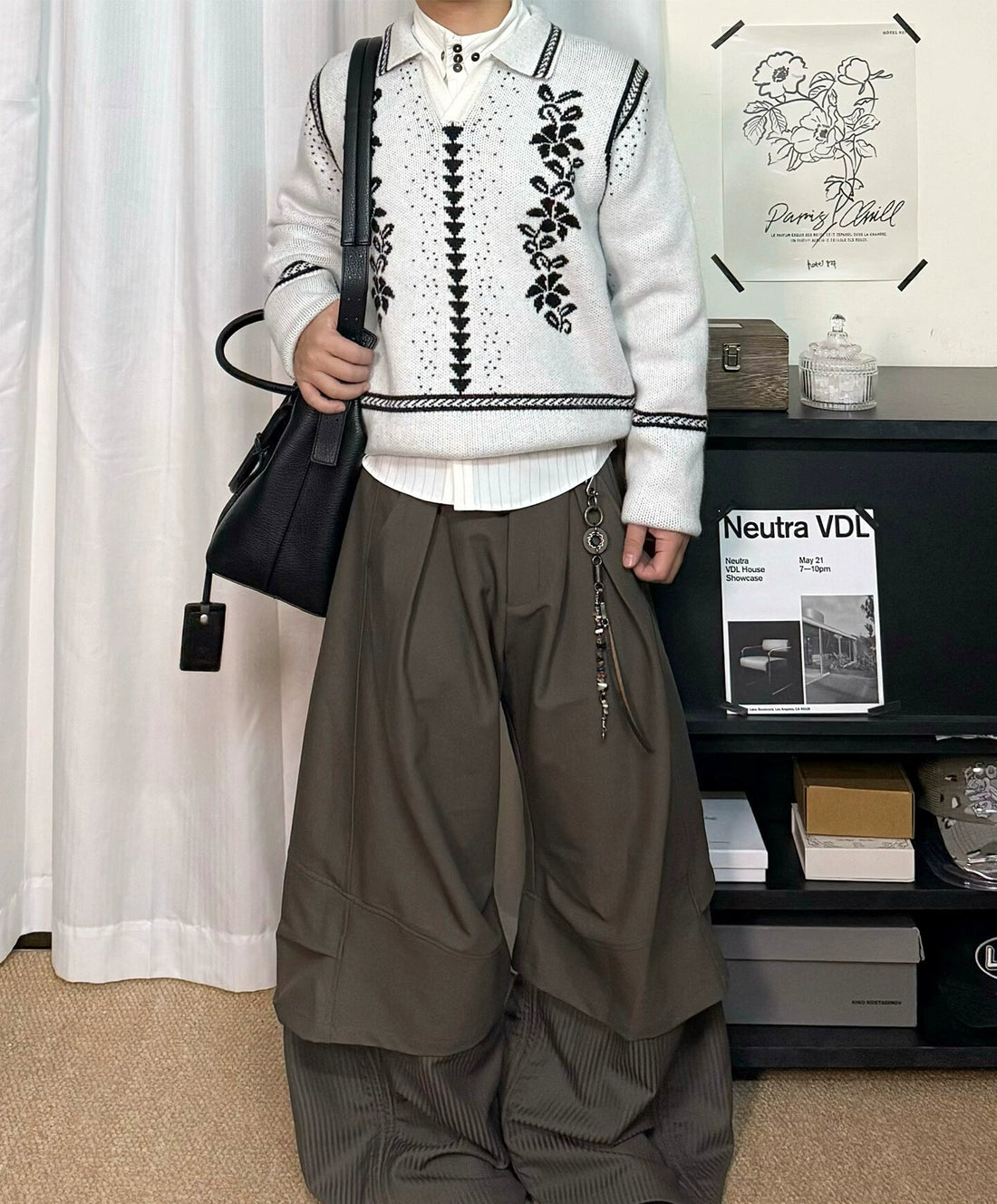 RELABEL Double-Layer Vertical & Horizontal Pleated Wide-Leg Trousers-Brown-XS-Free Shipping Leatheretro