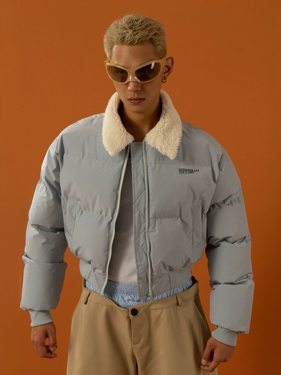 CLP Unisex Short Puffy Jacket with Sherpa Collar-Blue-S-Free Shipping Leatheretro