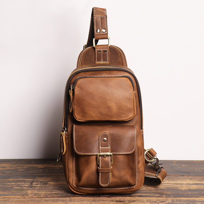 European and American Men's Crazy Horse Leather Crossbody Chest Bag-Chest Bags-Tan-Free Shipping Leatheretro